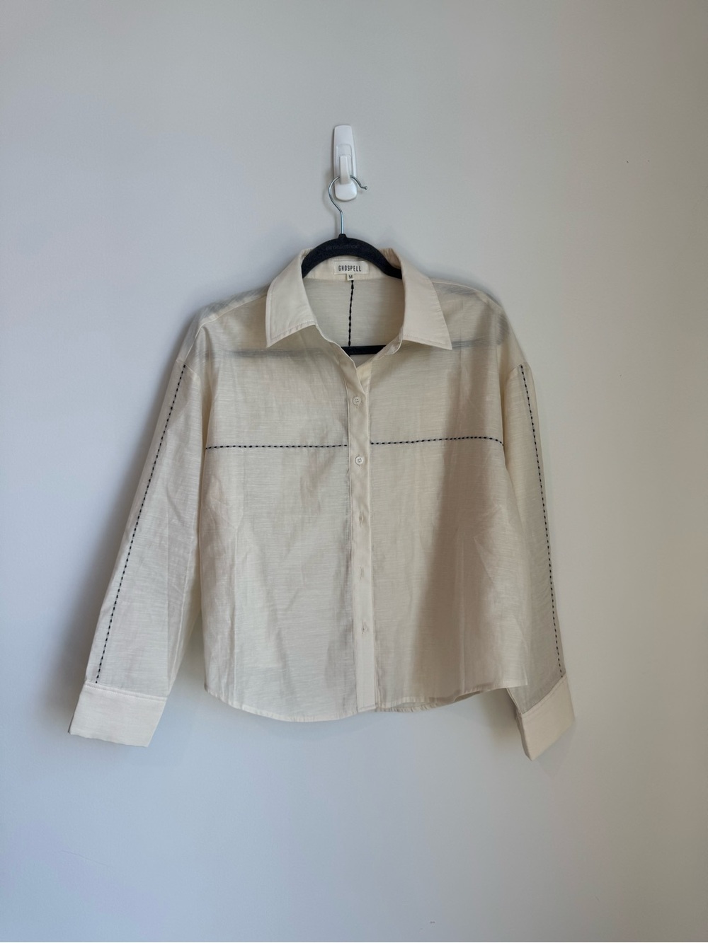 Ghospell Cropped Button-Up Shirt in Cream with Black Stitching